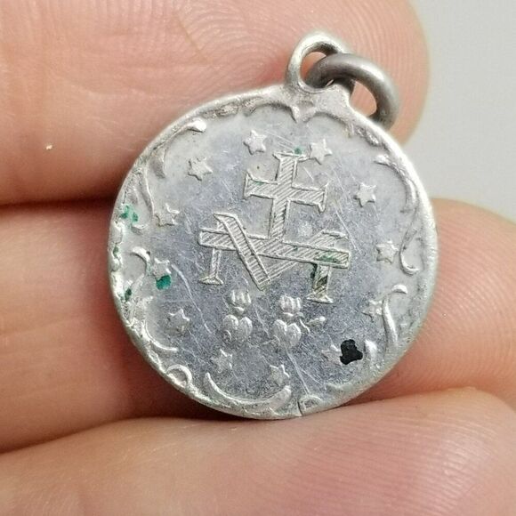 Vintage Virgin Mary Silver Tone Pendant Charm Medal Medallion, Double Sided - Picture 2 of 8